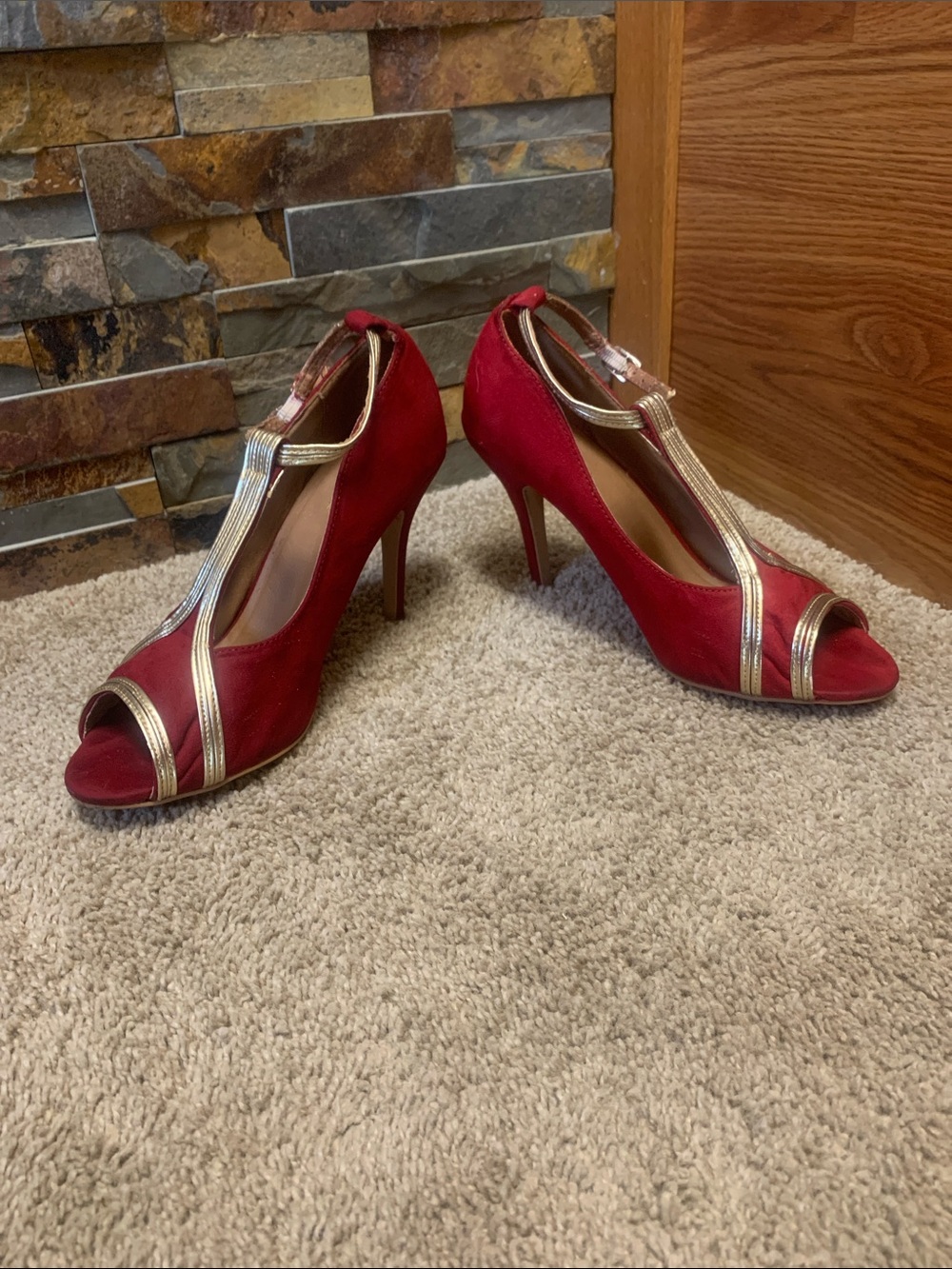 Red T-Strap Peep-Toe Heels with Gold Accents